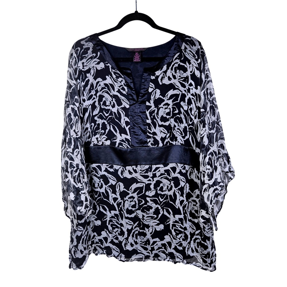 Sara Isabella Navy Silk Floral Empire Waist Tunic Blouse 3X Whimsigoth